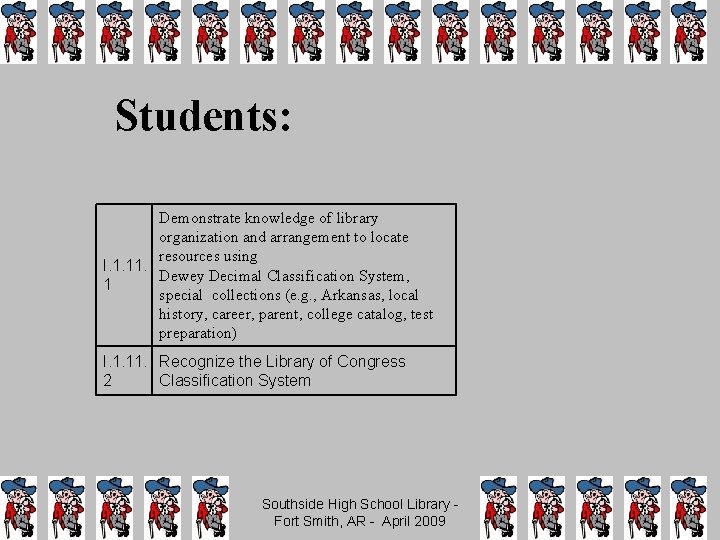 Students: Demonstrate knowledge of library organization and arrangement to locate resources using I. 1.