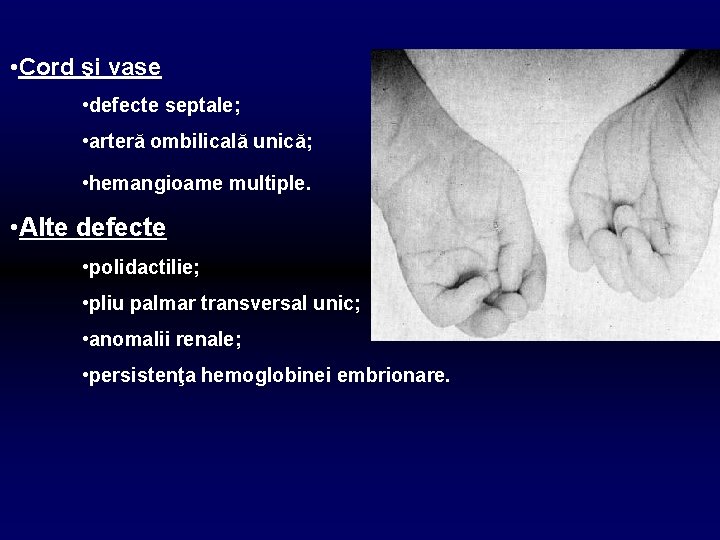  • Cord şi vase • defecte septale; • arteră ombilicală unică; • hemangioame