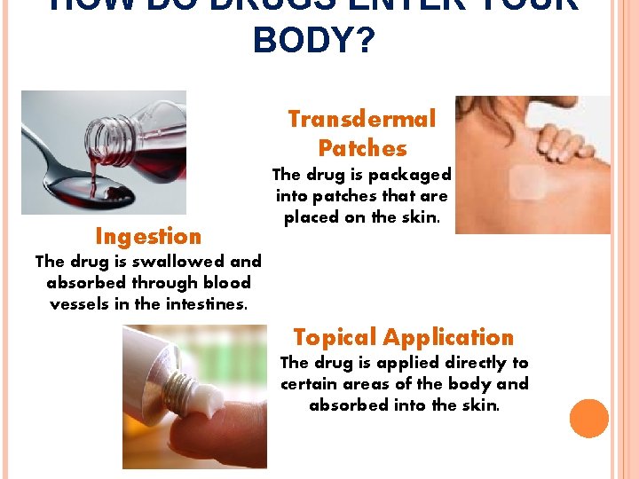 HOW DO DRUGS ENTER YOUR BODY? Transdermal Patches Ingestion The drug is packaged into