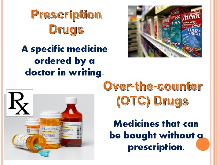 Prescription Drugs A specific medicine ordered by a doctor in writing. Over-the-counter (OTC) Drugs