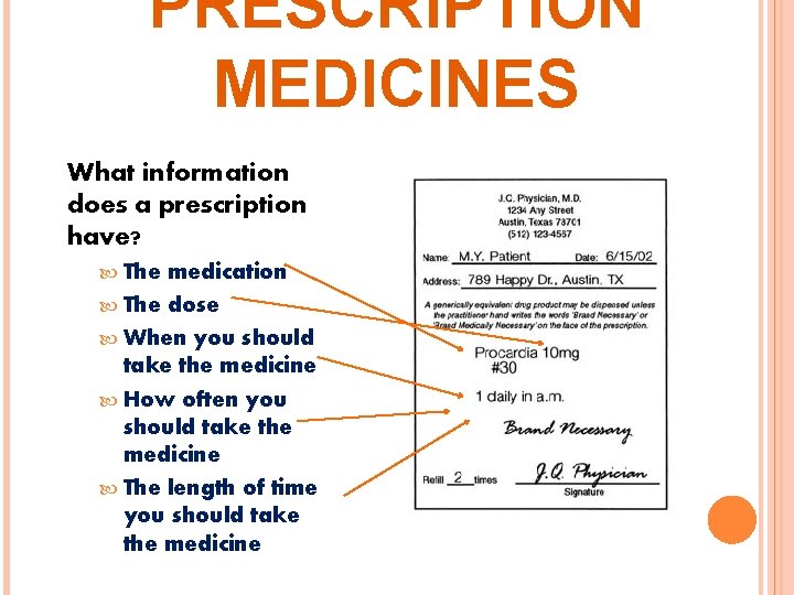 PRESCRIPTION MEDICINES What information does a prescription have? The medication The dose When you