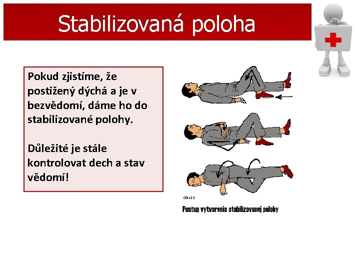 Stabilizovaná poloha Pokud zjistíme, že postižený dýchá a je v bezvědomí, dáme ho do