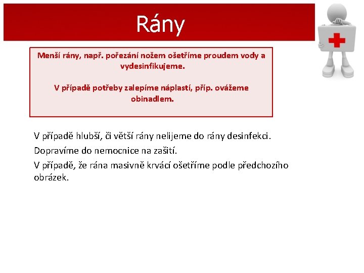 Rány Menší rány, např. pořezání nožem ošetříme proudem vody a vydesinfikujeme. V případě potřeby