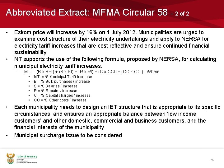 Abbreviated Extract: MFMA Circular 58 – 2 of 2 • • Eskom price will