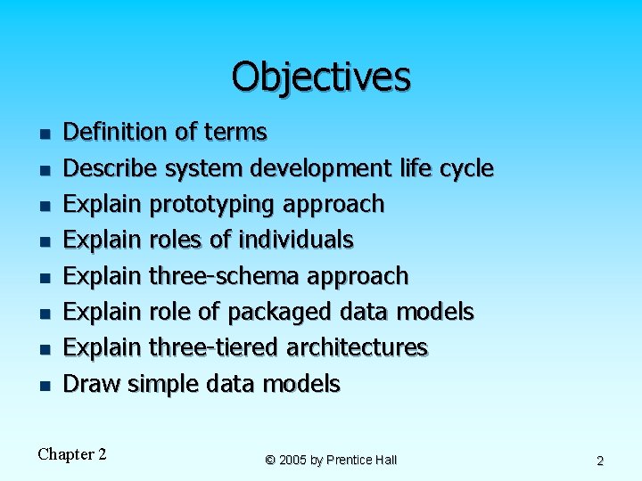 Objectives n n n n Definition of terms Describe system development life cycle Explain