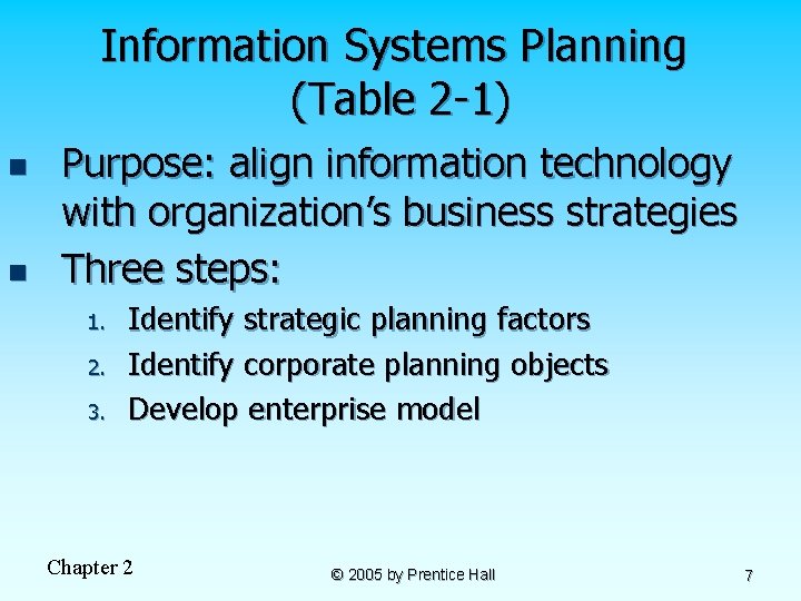 Information Systems Planning (Table 2 -1) n n Purpose: align information technology with organization’s