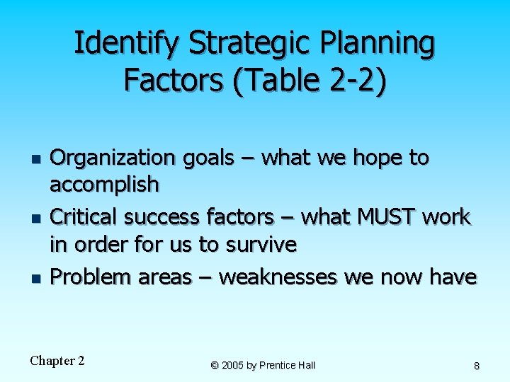 Identify Strategic Planning Factors (Table 2 -2) n n n Organization goals – what