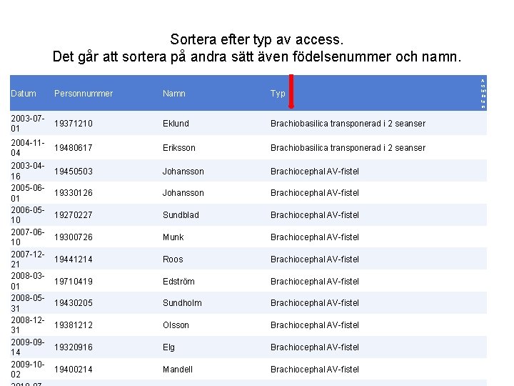 Sortera efter typ av access. Det går att sortera på andra sätt även födelsenummer