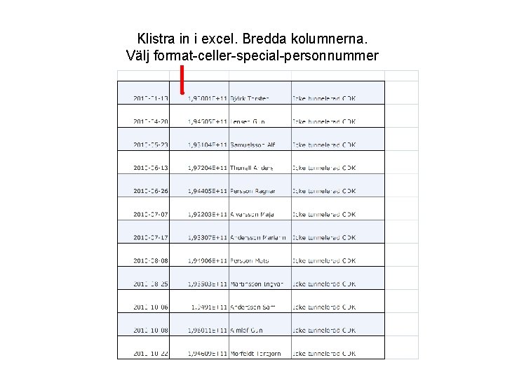 Klistra in i excel. Bredda kolumnerna. Välj format-celler-special-personnummer 