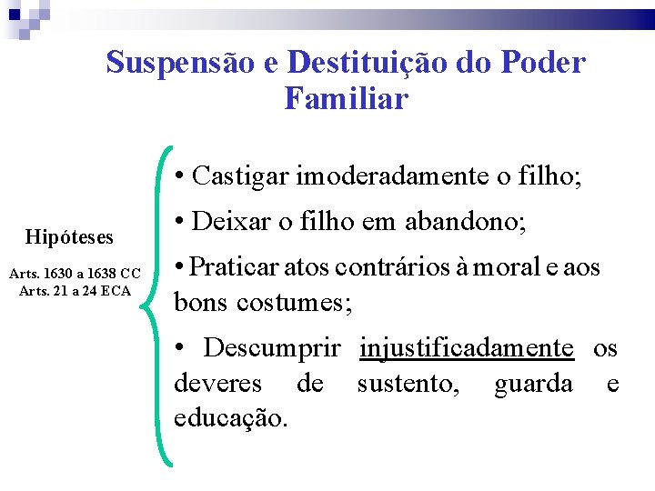 Suspensão e Destituição do Poder Familiar • Castigar imoderadamente o filho; Hipóteses Arts. 1630