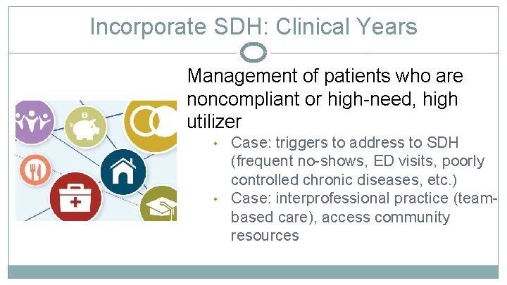 Incorporate SDH: Clinical Years Management of patients who are noncompliant or high-need, high utilizer