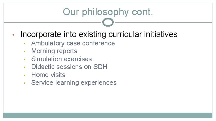 Our philosophy cont. • Incorporate into existing curricular initiatives • • • Ambulatory case