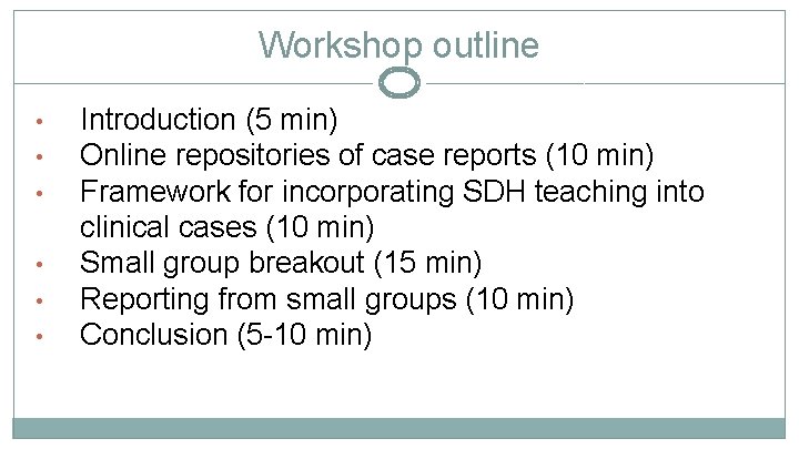 Workshop outline • • • Introduction (5 min) Online repositories of case reports (10