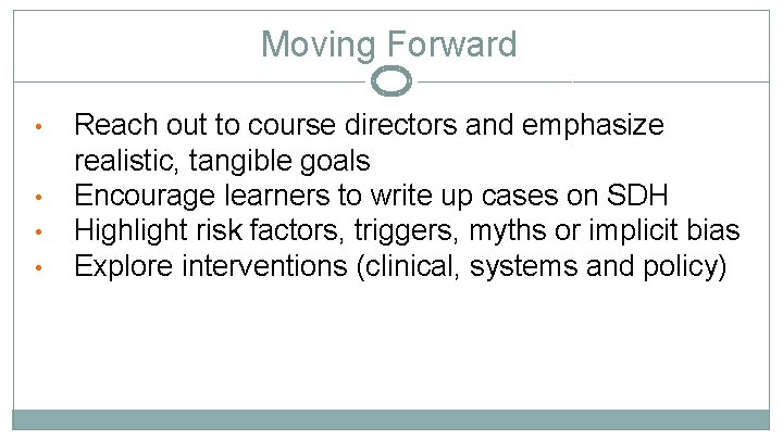Moving Forward • • Reach out to course directors and emphasize realistic, tangible goals