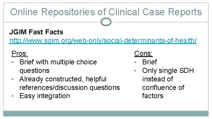 Online Repositories of Clinical Case Reports JGIM Fast Facts http: //www. sgim. org/web-only/social-determinants-of-health/ Pros: