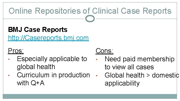 Online Repositories of Clinical Case Reports BMJ Case Reports http: //Casereports. bmj. com Pros: