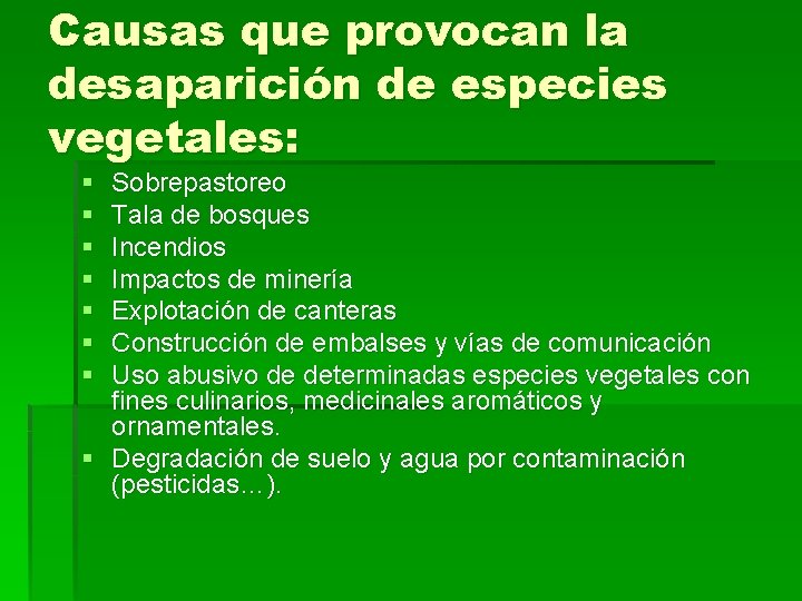 Causas que provocan la desaparición de especies vegetales: § § § § Sobrepastoreo Tala