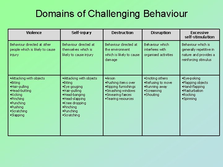 Domains of Challenging Behaviour Violence Self-injury Destruction Disruption Excessive self-stimulation Behaviour directed at other