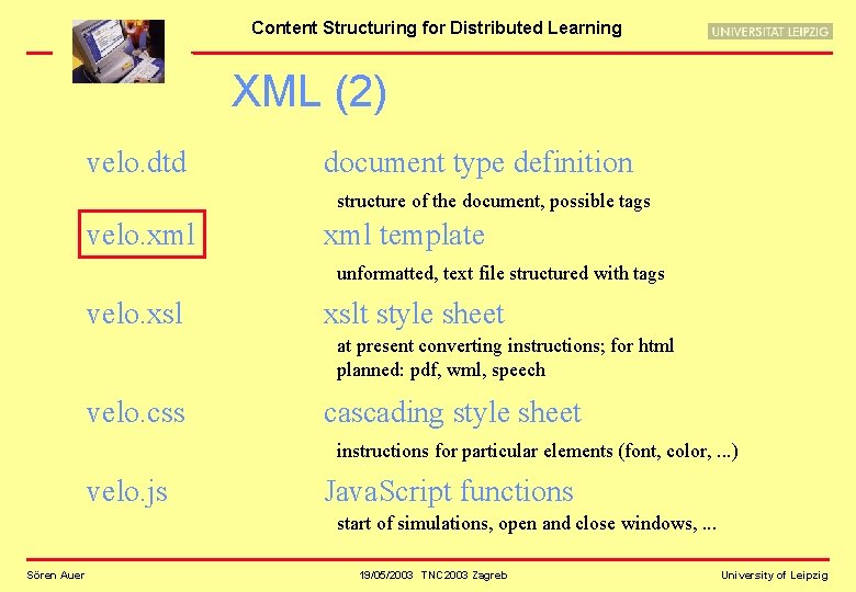 Content Structuring for Distributed Learning XML (2) velo. dtd document type definition structure of