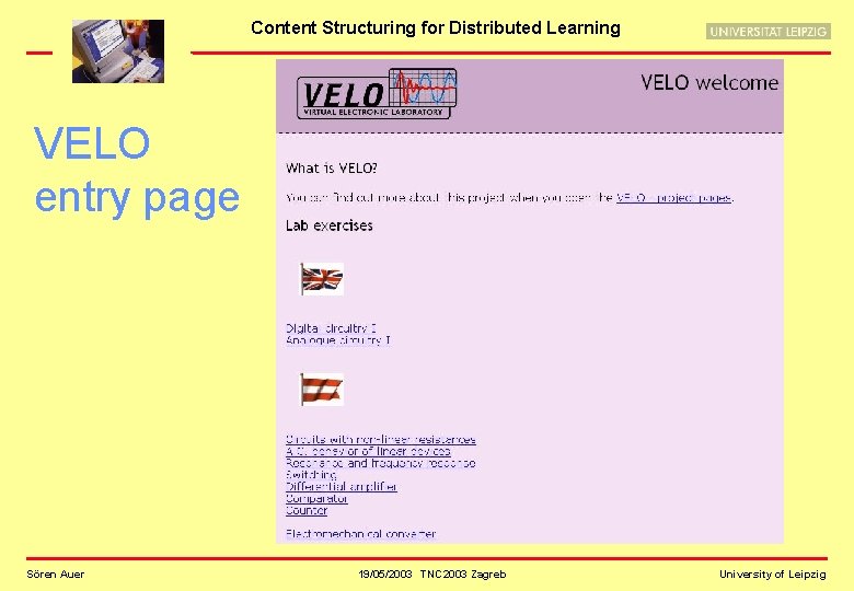 Content Structuring for Distributed Learning VELO entry page Sören Auer 19/05/2003 TNC 2003 Zagreb