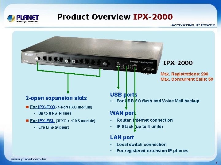 Product Overview IPX-2000 Max. Registrations: 200 Max. Concurrent Calls: 50 2 -open expansion slots