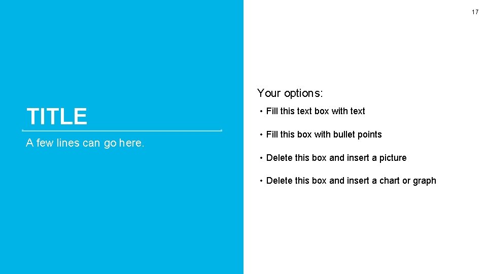 17 Your options: TITLE A few lines can go here. • Fill this text