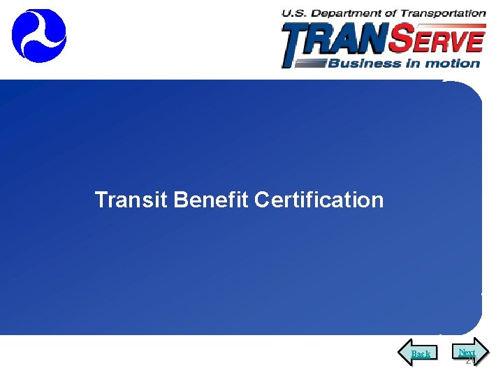 Transit Benefit Certification Back Next 20 