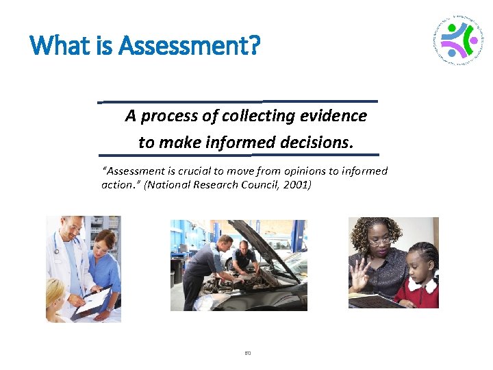 What is Assessment? A process of collecting evidence to make informed decisions. “Assessment is