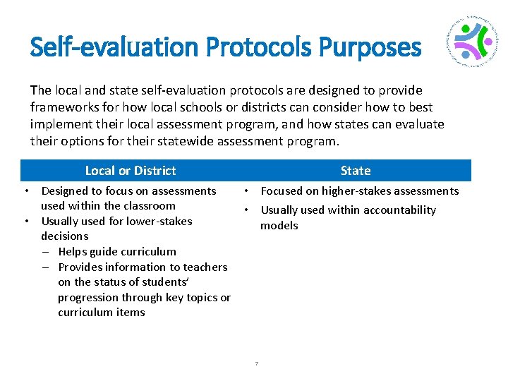 Self-evaluation Protocols Purposes The local and state self-evaluation protocols are designed to provide frameworks