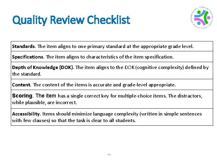 Quality Review Checklist Standards. The item aligns to one primary standard at the appropriate