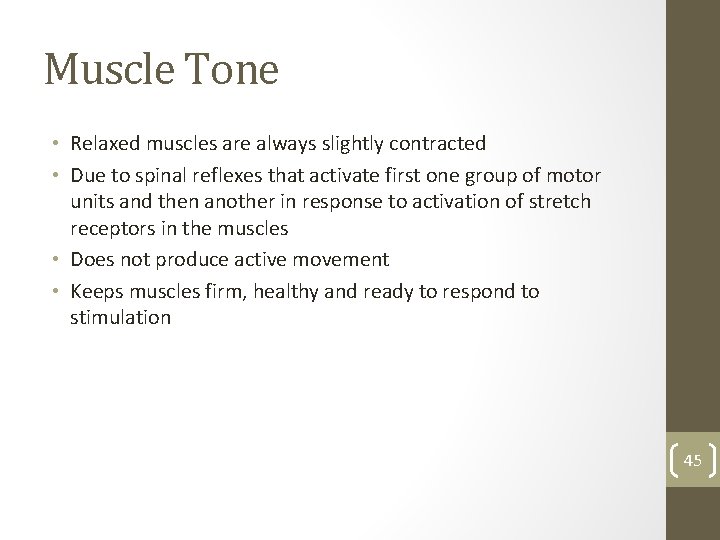 Muscle Tone • Relaxed muscles are always slightly contracted • Due to spinal reflexes
