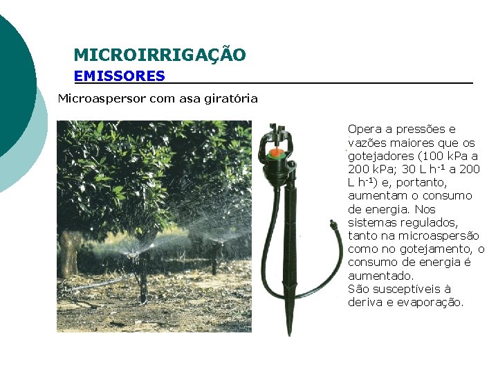 MICROIRRIGAÇÃO EMISSORES Microaspersor com asa giratória Opera a pressões e vazões maiores que os