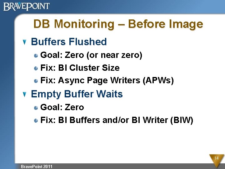 DB Monitoring – Before Image Buffers Flushed Goal: Zero (or near zero) Fix: BI