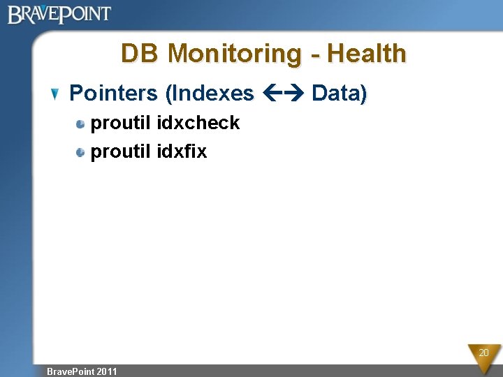 DB Monitoring - Health Pointers (Indexes Data) proutil idxcheck proutil idxfix 20 Brave. Point