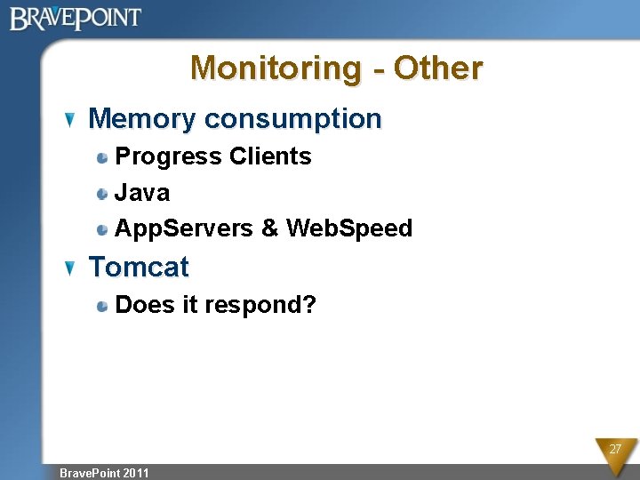 Monitoring - Other Memory consumption Progress Clients Java App. Servers & Web. Speed Tomcat