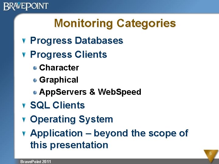 Monitoring Categories Progress Databases Progress Clients Character Graphical App. Servers & Web. Speed SQL