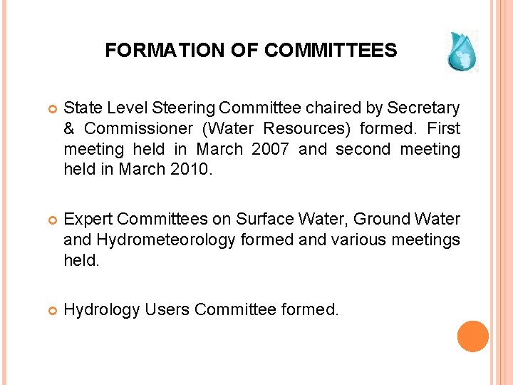 FORMATION OF COMMITTEES State Level Steering Committee chaired by Secretary & Commissioner (Water Resources)