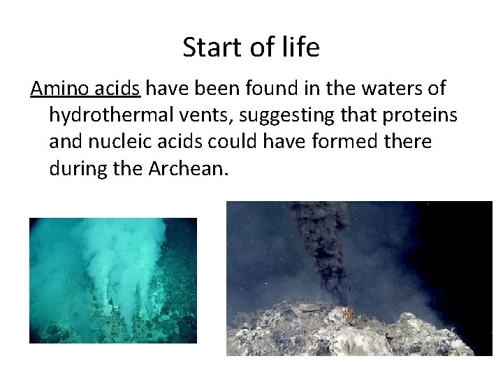 Start of life Amino acids have been found in the waters of hydrothermal vents,