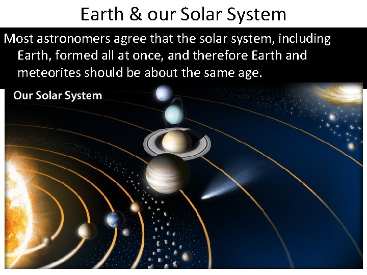 Earth & our Solar System Most astronomers agree that the solar system, including Earth,