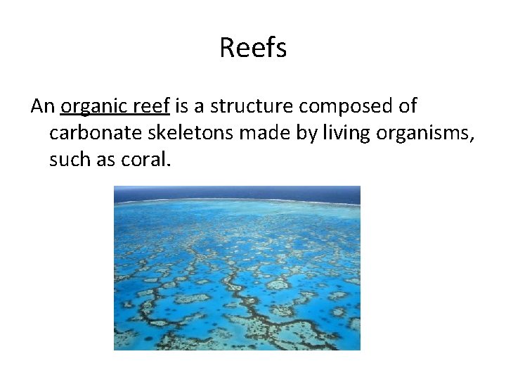 Reefs An organic reef is a structure composed of carbonate skeletons made by living