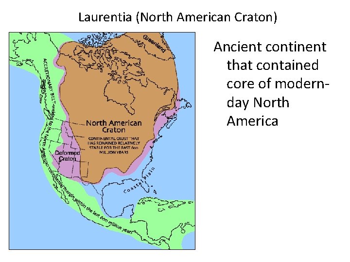 Laurentia (North American Craton) Ancient continent that contained core of modernday North America 