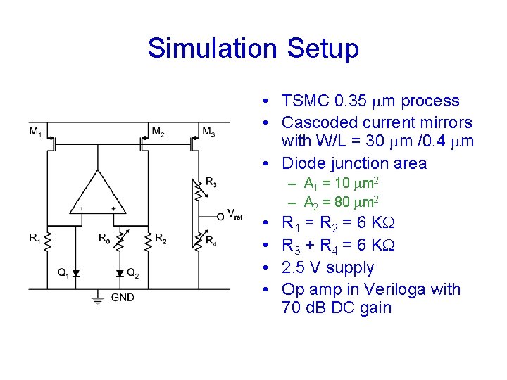 Simulation Setup • TSMC 0. 35 mm process • Cascoded current mirrors with W/L
