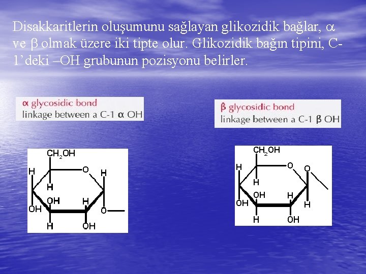 Disakkaritlerin oluşumunu sağlayan glikozidik bağlar, ve olmak üzere iki tipte olur. Glikozidik bağın tipini,