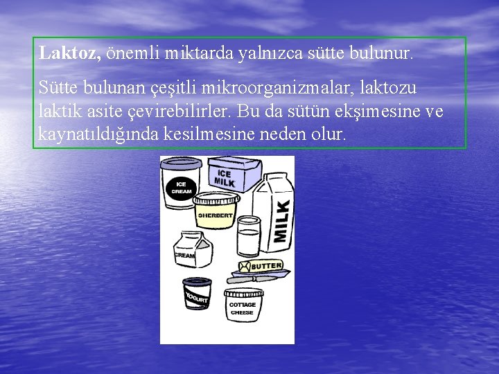 Laktoz, önemli miktarda yalnızca sütte bulunur. Sütte bulunan çeşitli mikroorganizmalar, laktozu laktik asite çevirebilirler.