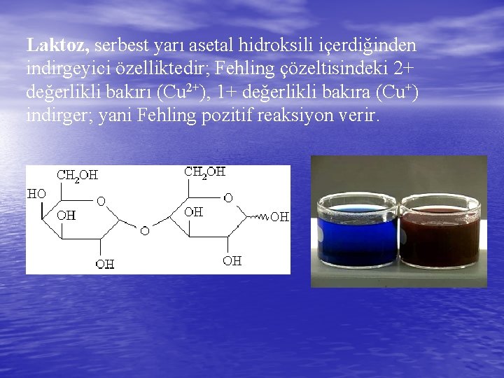 Laktoz, serbest yarı asetal hidroksili içerdiğinden indirgeyici özelliktedir; Fehling çözeltisindeki 2+ değerlikli bakırı (Cu