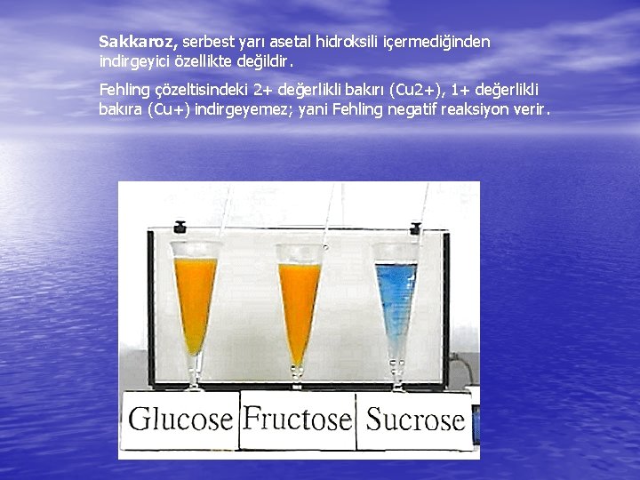 Sakkaroz, serbest yarı asetal hidroksili içermediğinden indirgeyici özellikte değildir. Fehling çözeltisindeki 2+ değerlikli bakırı