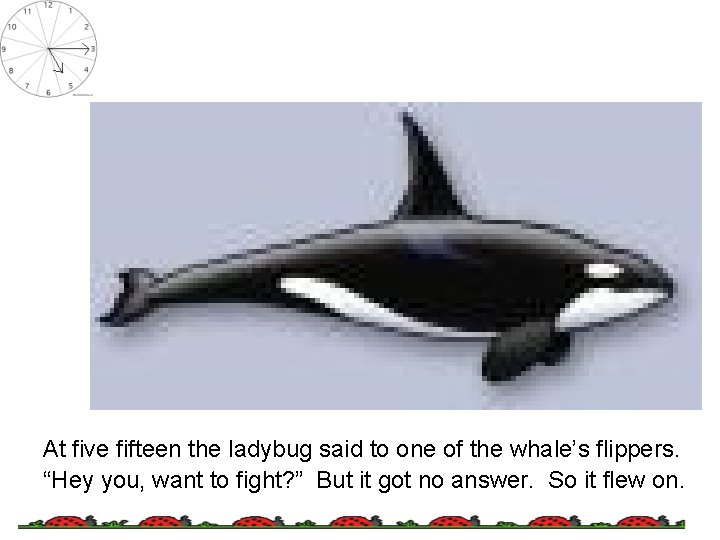 At five fifteen the ladybug said to one of the whale’s flippers. “Hey you,