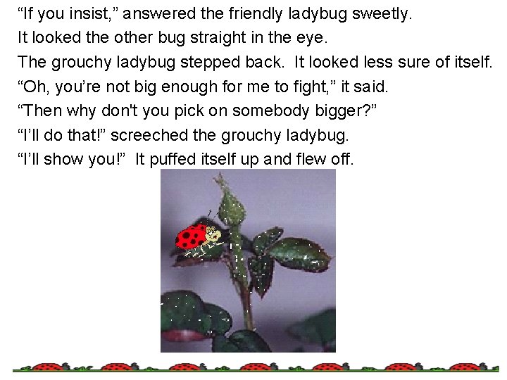 “If you insist, ” answered the friendly ladybug sweetly. It looked the other bug