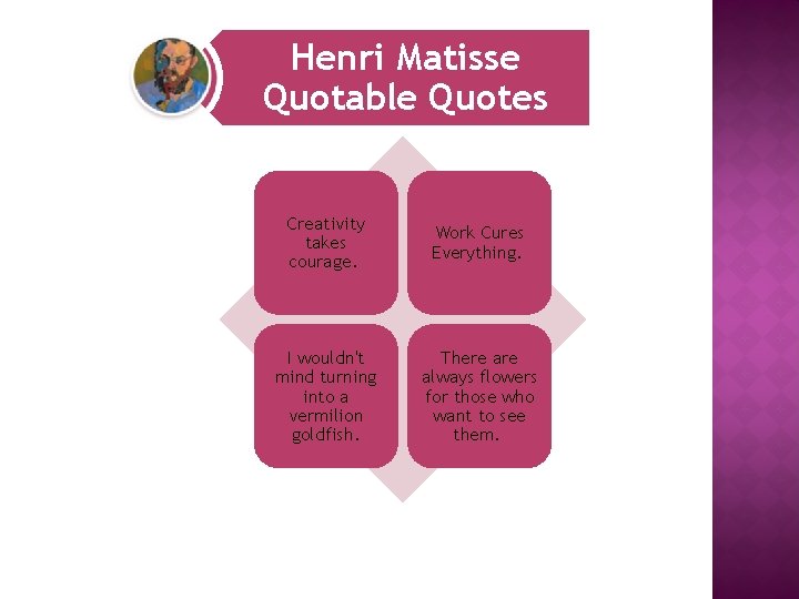 Henri Matisse Quotable Quotes Creativity takes courage. Work Cures Everything. I wouldn't mind turning