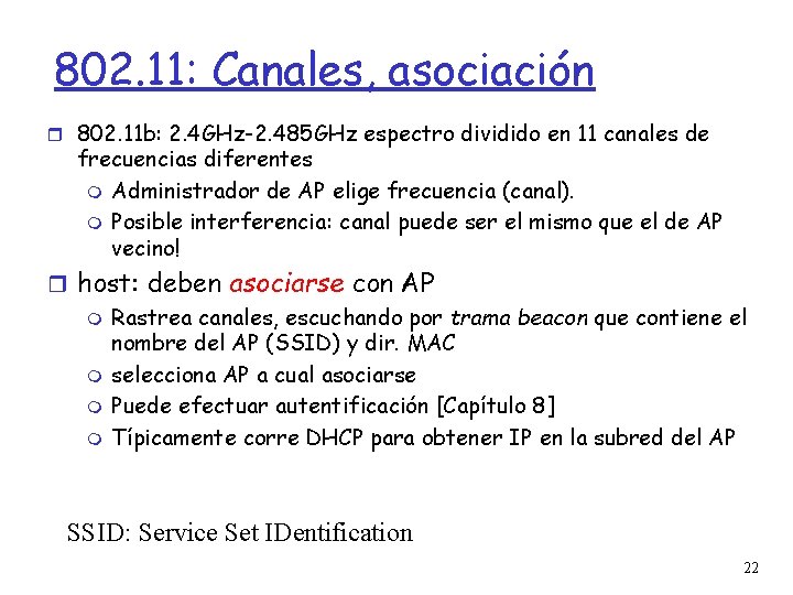 802. 11: Canales, asociación 802. 11 b: 2. 4 GHz-2. 485 GHz espectro dividido